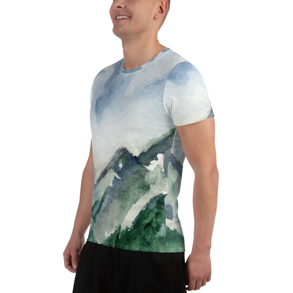 Mens Stretch Fit Athletic Sports T-shirt - Green Mountainside Nature-3