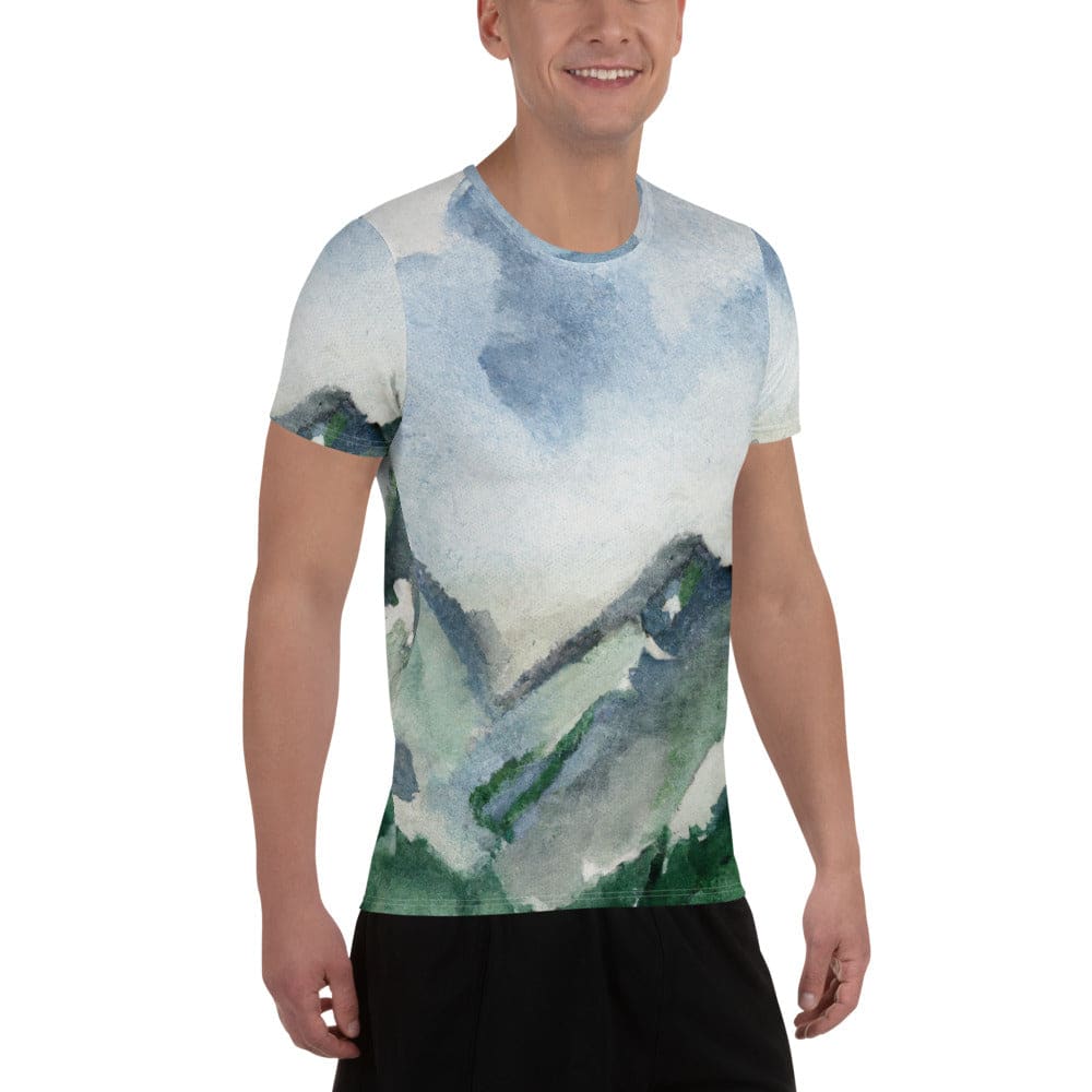 Mens Stretch Fit Athletic Sports T-shirt - Green Mountainside Nature-2