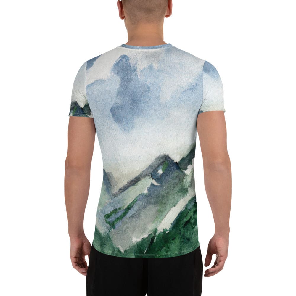 Mens Stretch Fit Athletic Sports T-shirt - Green Mountainside Nature-1