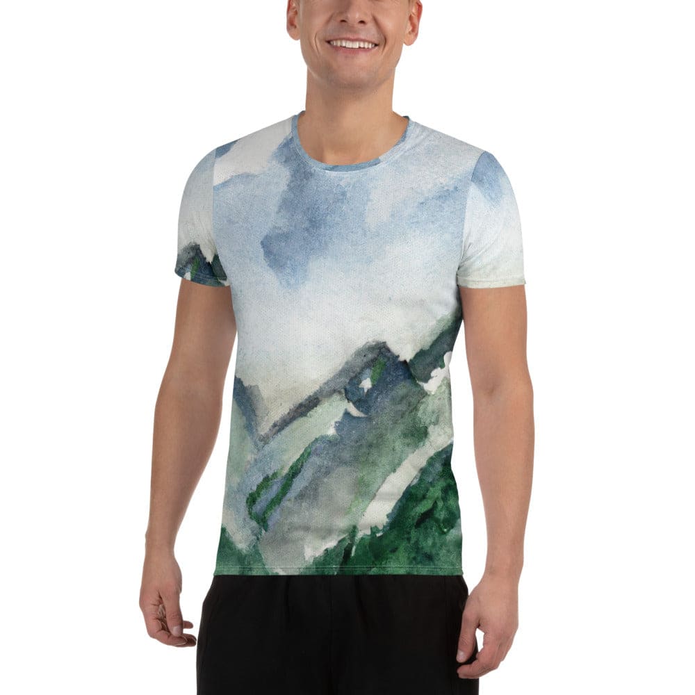 Mens Stretch Fit Athletic Sports T-shirt - Green Mountainside Nature-0