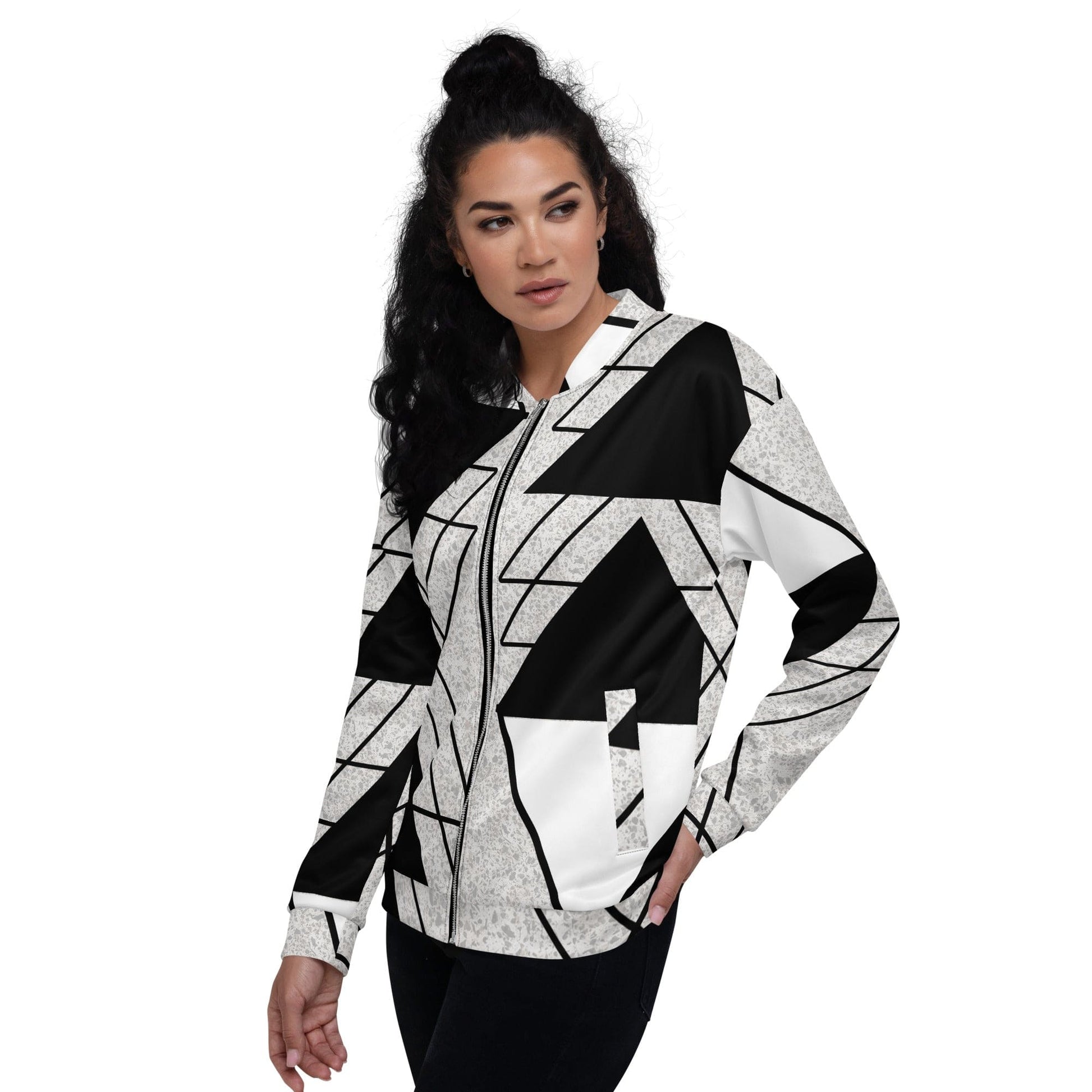 Womens Bomber Jacket - Black and White Ash Grey Triangular Colorblock-3