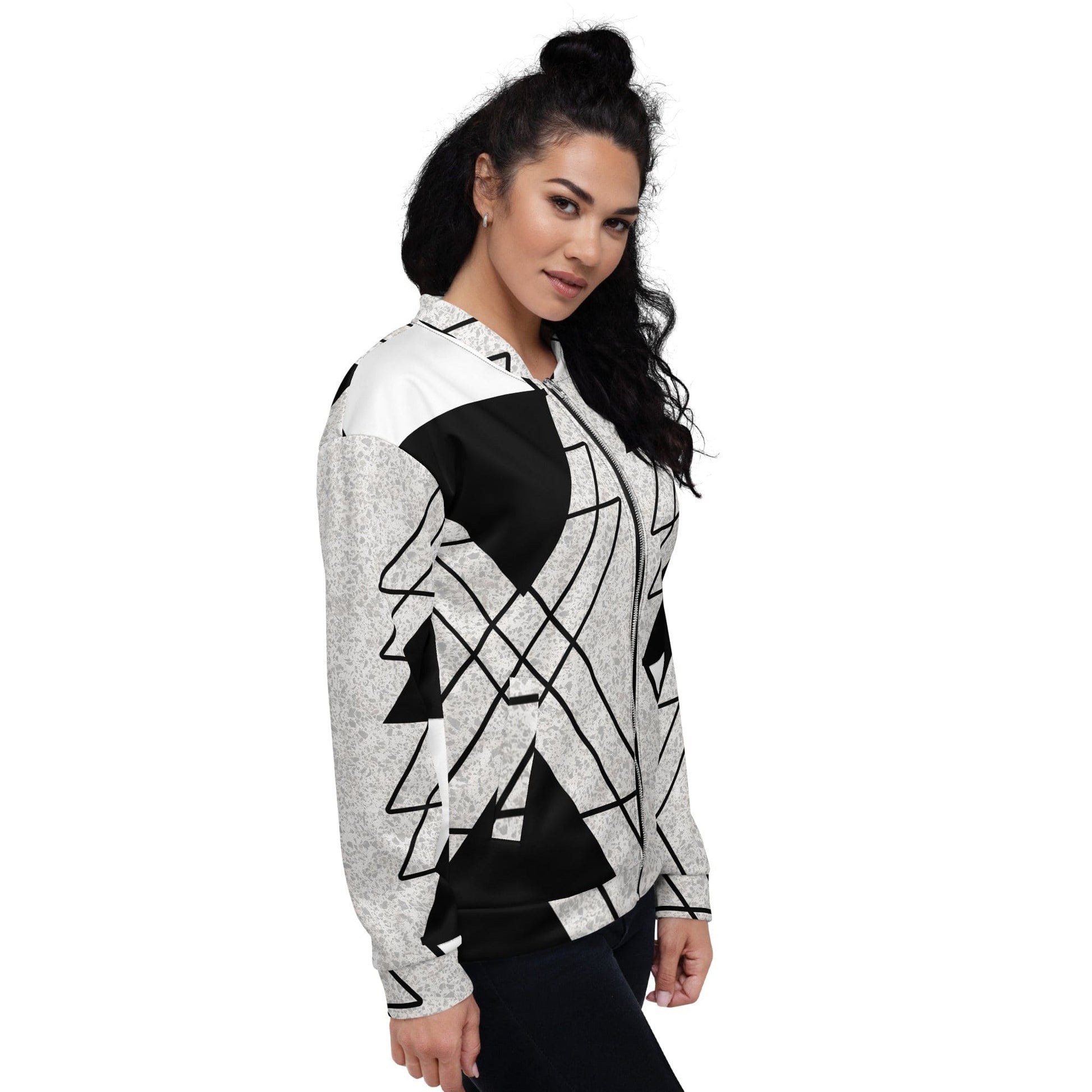 Womens Bomber Jacket - Black and White Ash Grey Triangular Colorblock-2