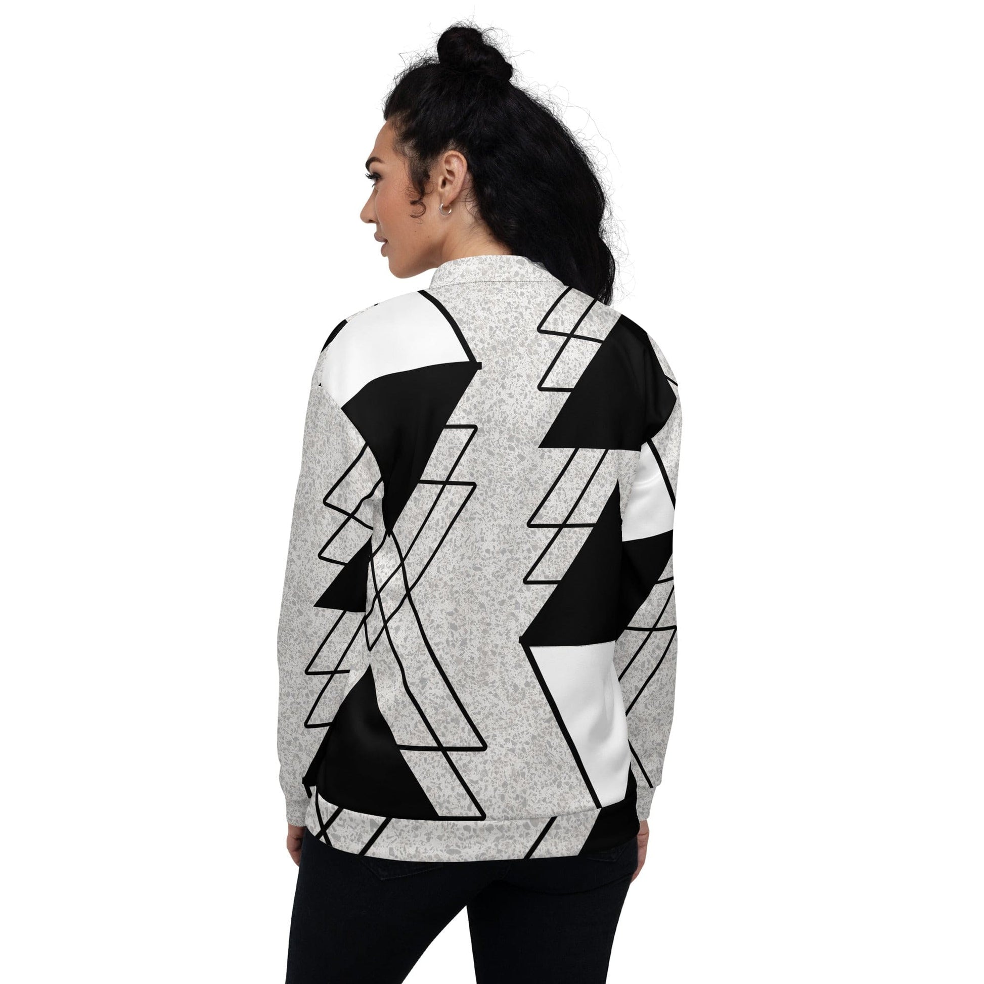 Womens Bomber Jacket - Black and White Ash Grey Triangular Colorblock-1