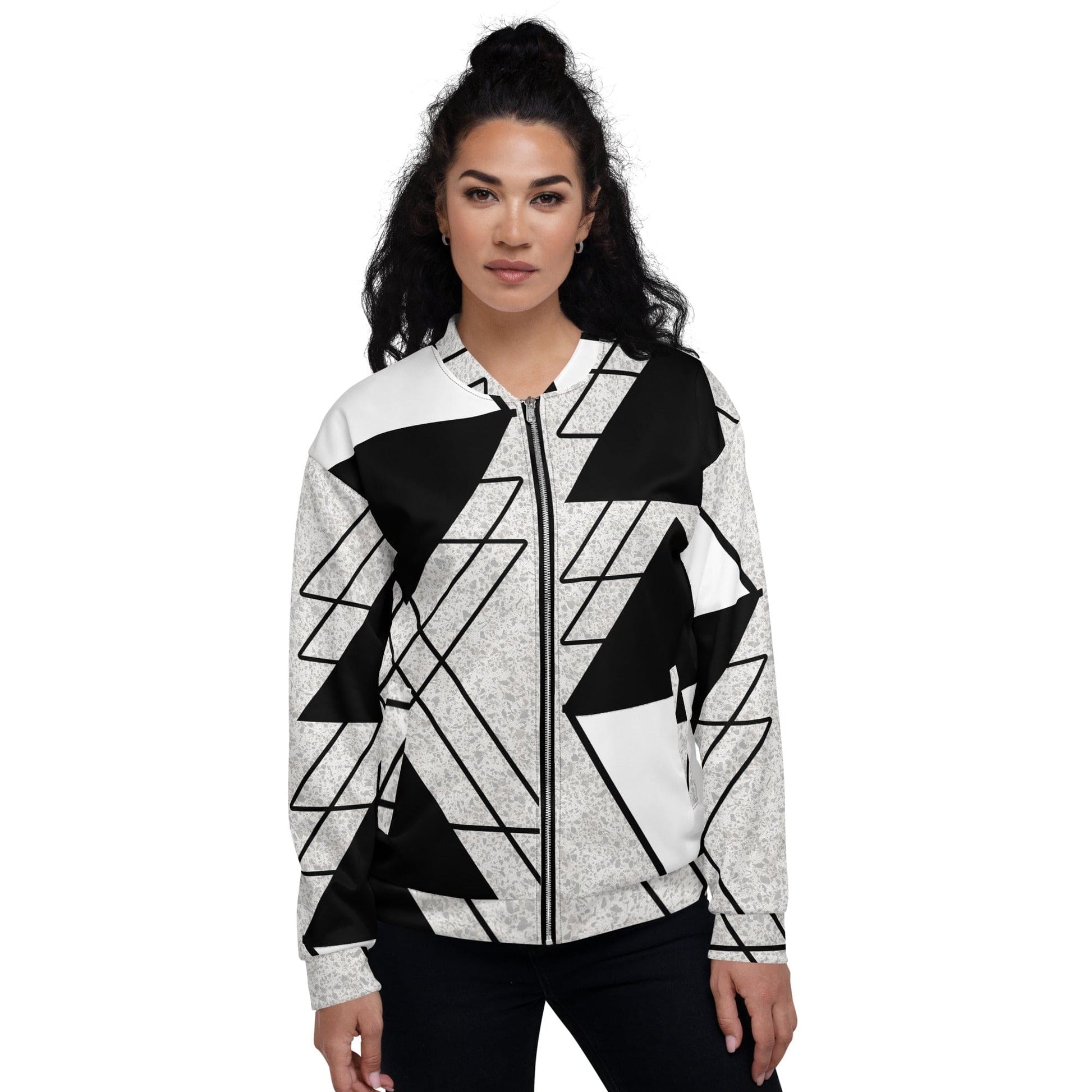 Womens Bomber Jacket - Black and White Ash Grey Triangular Colorblock-0
