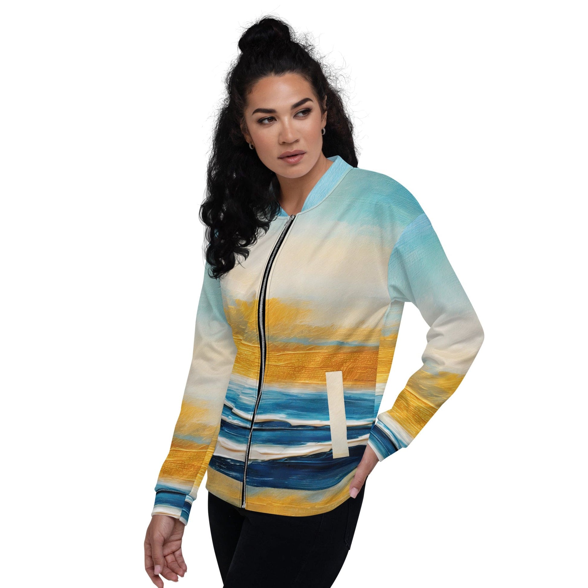 Womens Bomber Jacket - Blue Ocean Golden Sunset Print 6-3