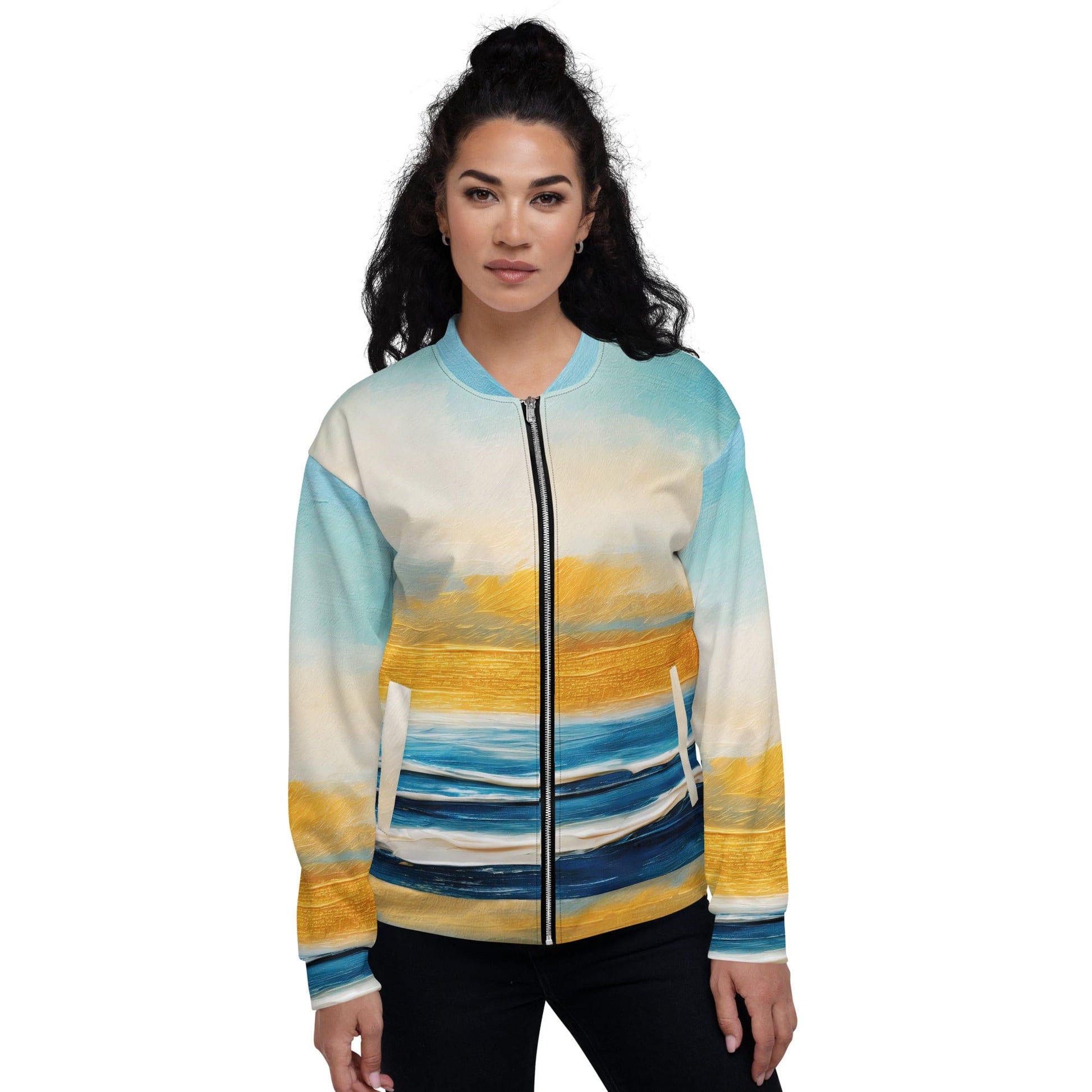 Womens Bomber Jacket - Blue Ocean Golden Sunset Print 6-0