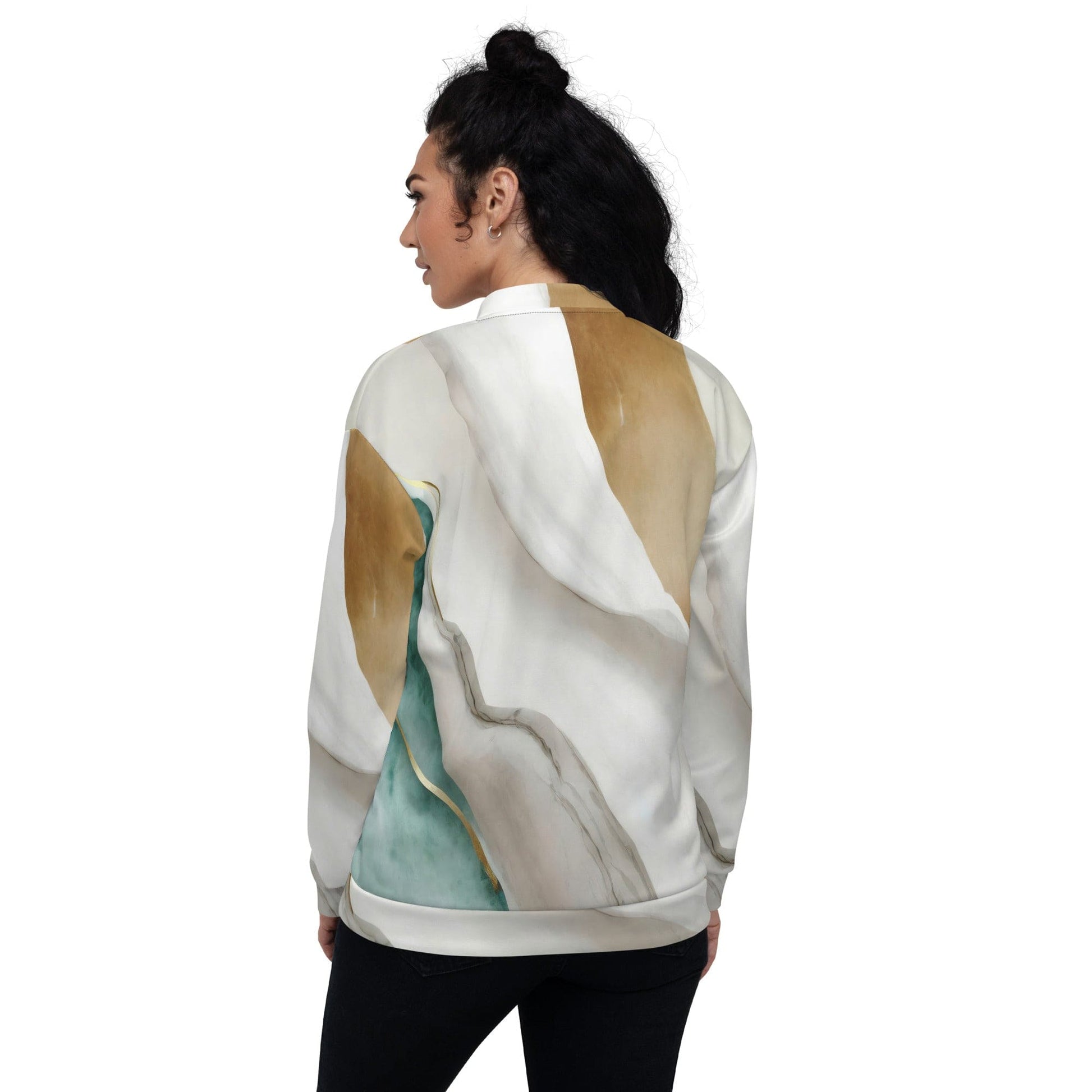 Womens Bomber Jacket - Cream White Green Marbled Print-1