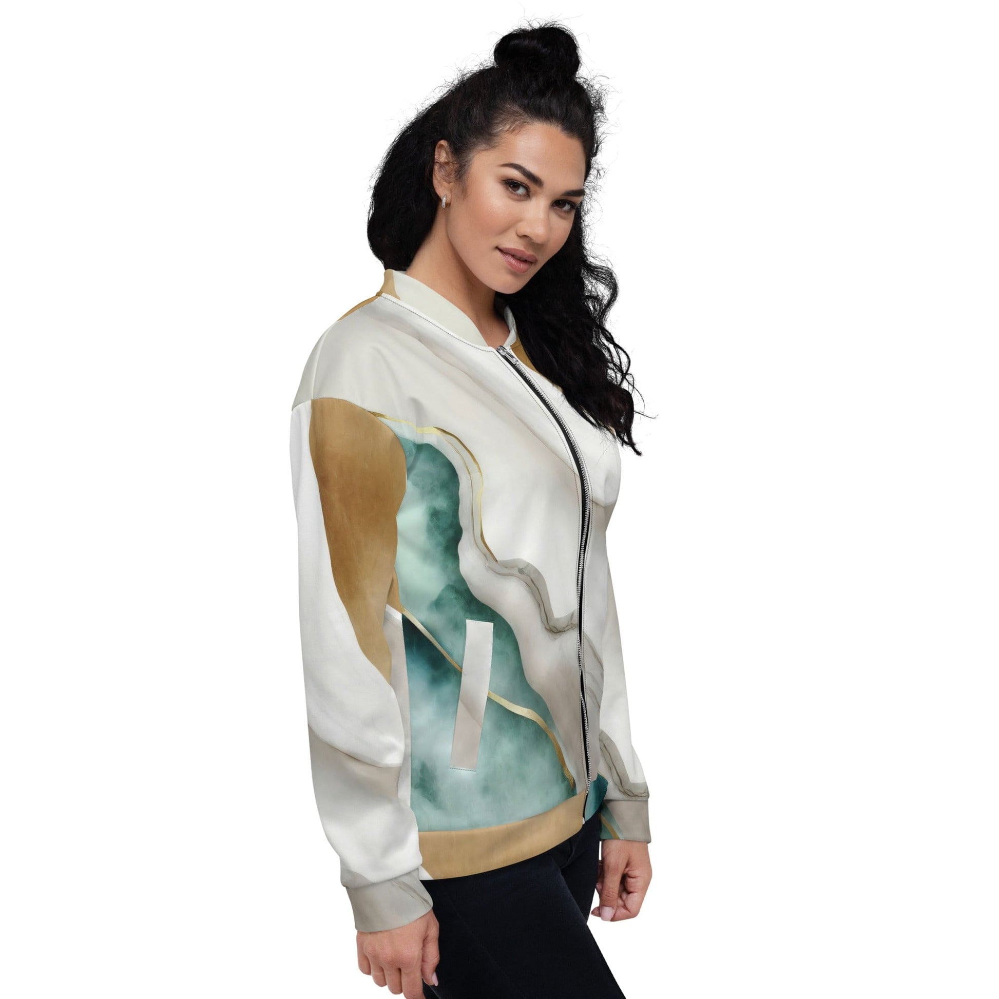 Womens Bomber Jacket - Cream White Green Marbled Print-2