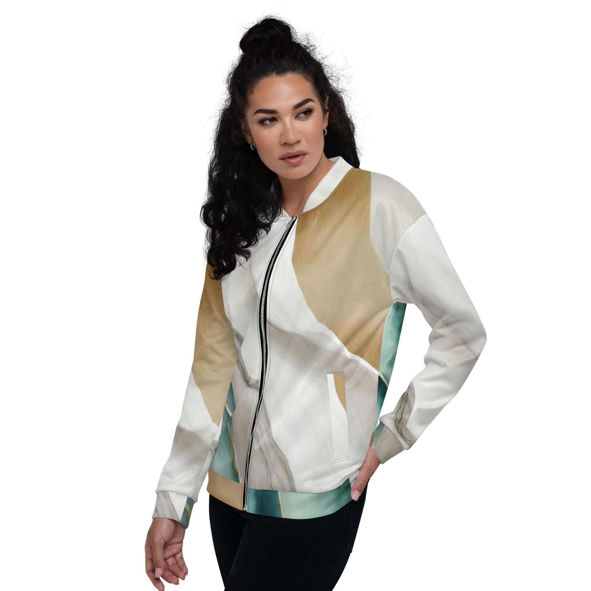 Womens Bomber Jacket - Cream White Green Marbled Print-3