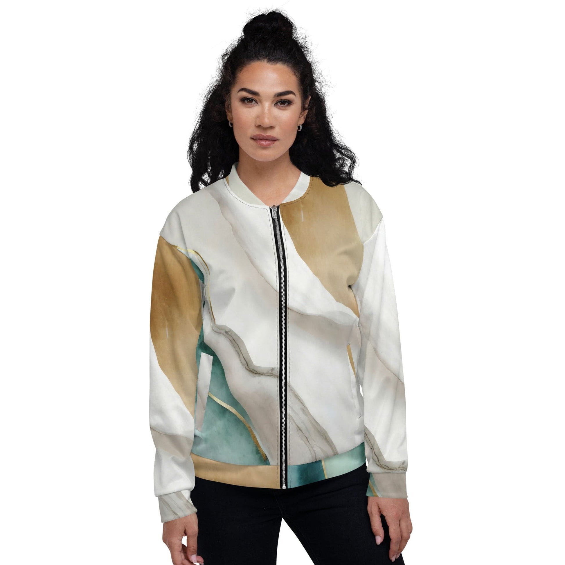 Womens Bomber Jacket - Cream White Green Marbled Print-0