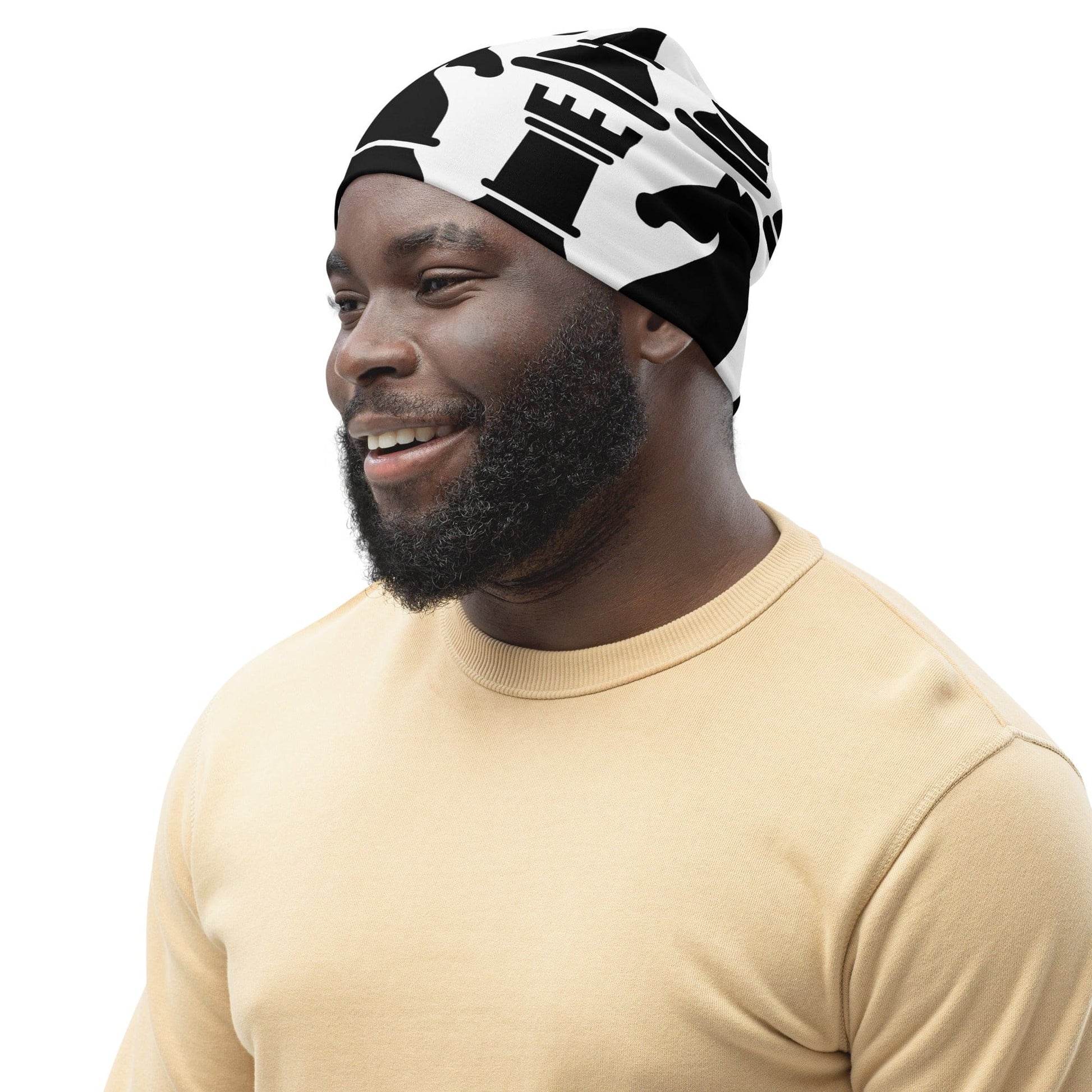 Double-layered Beanie Hat Black and White Chess Print-3