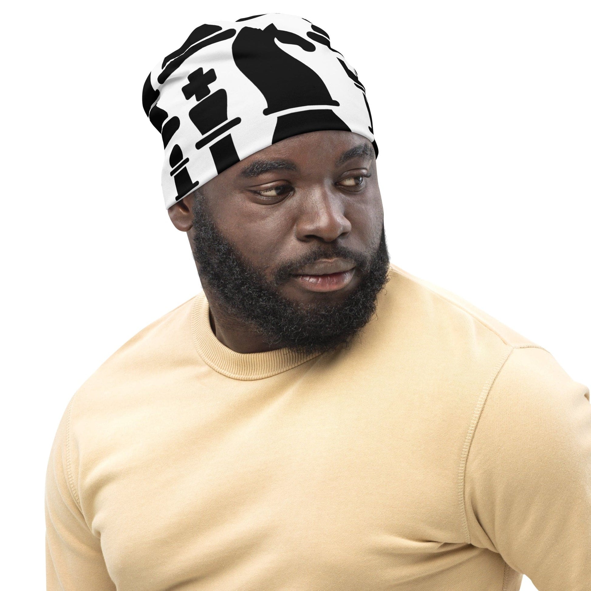 Double-layered Beanie Hat Black and White Chess Print-2