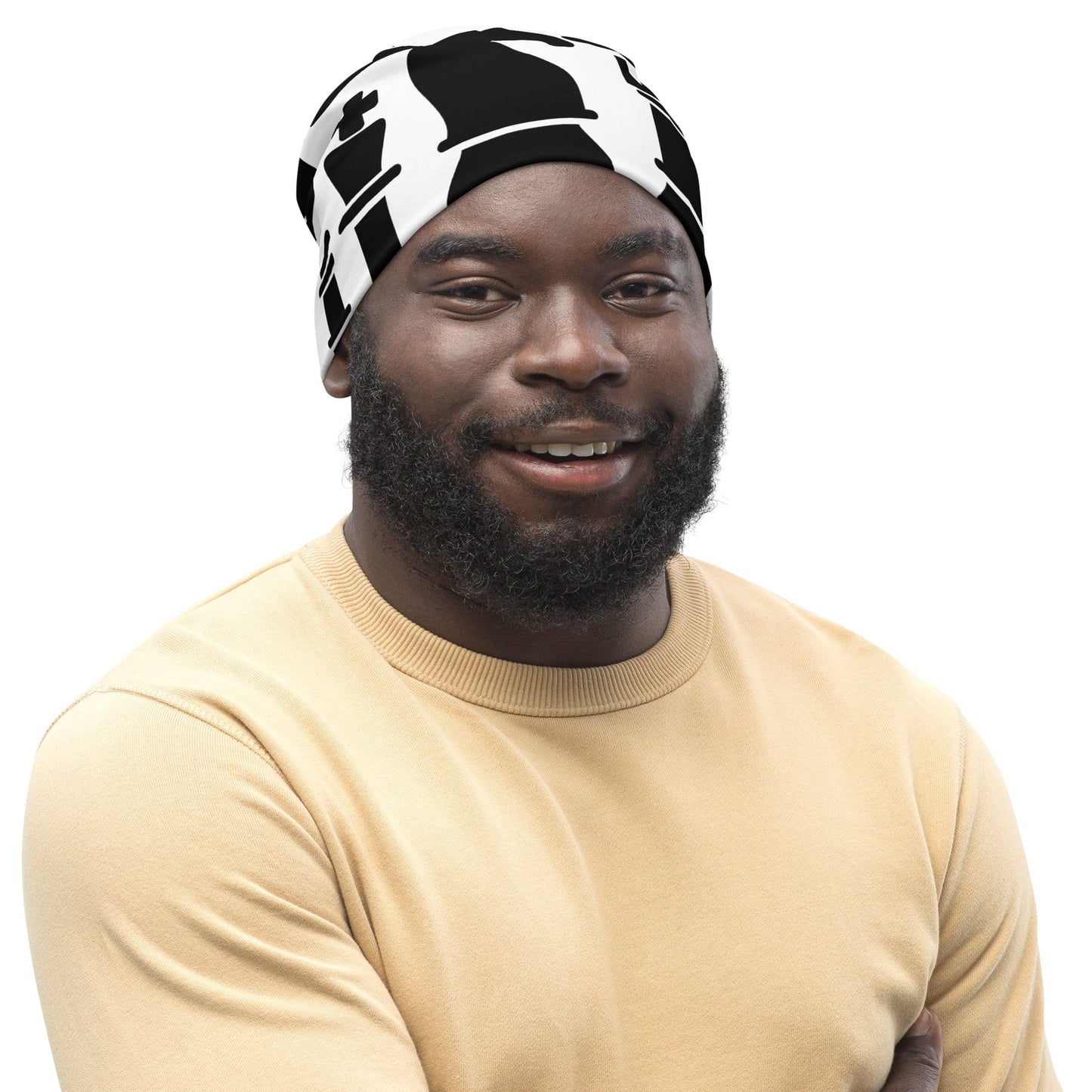 Double-layered Beanie Hat Black and White Chess Print-0