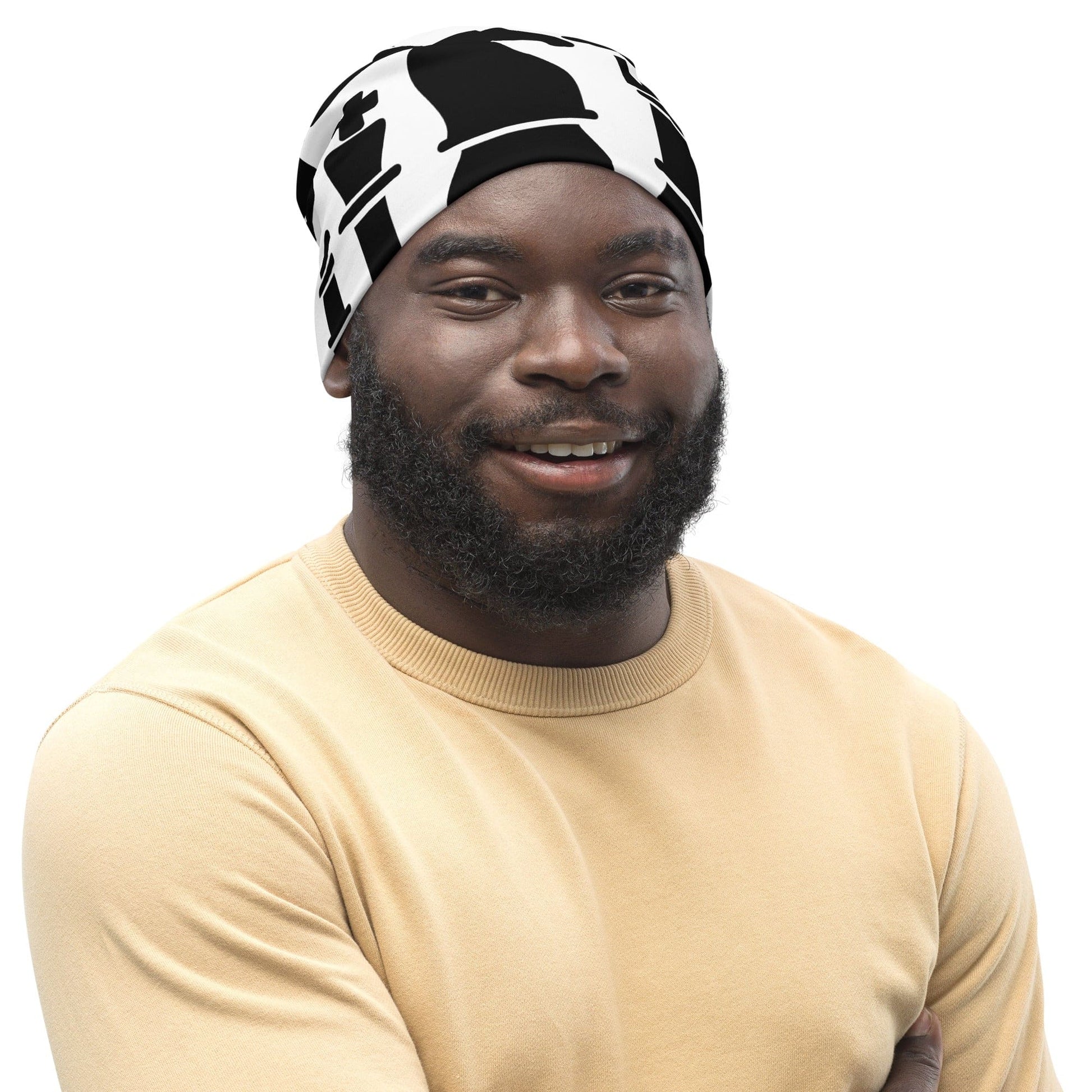 Double-layered Beanie Hat Black and White Chess Print-0