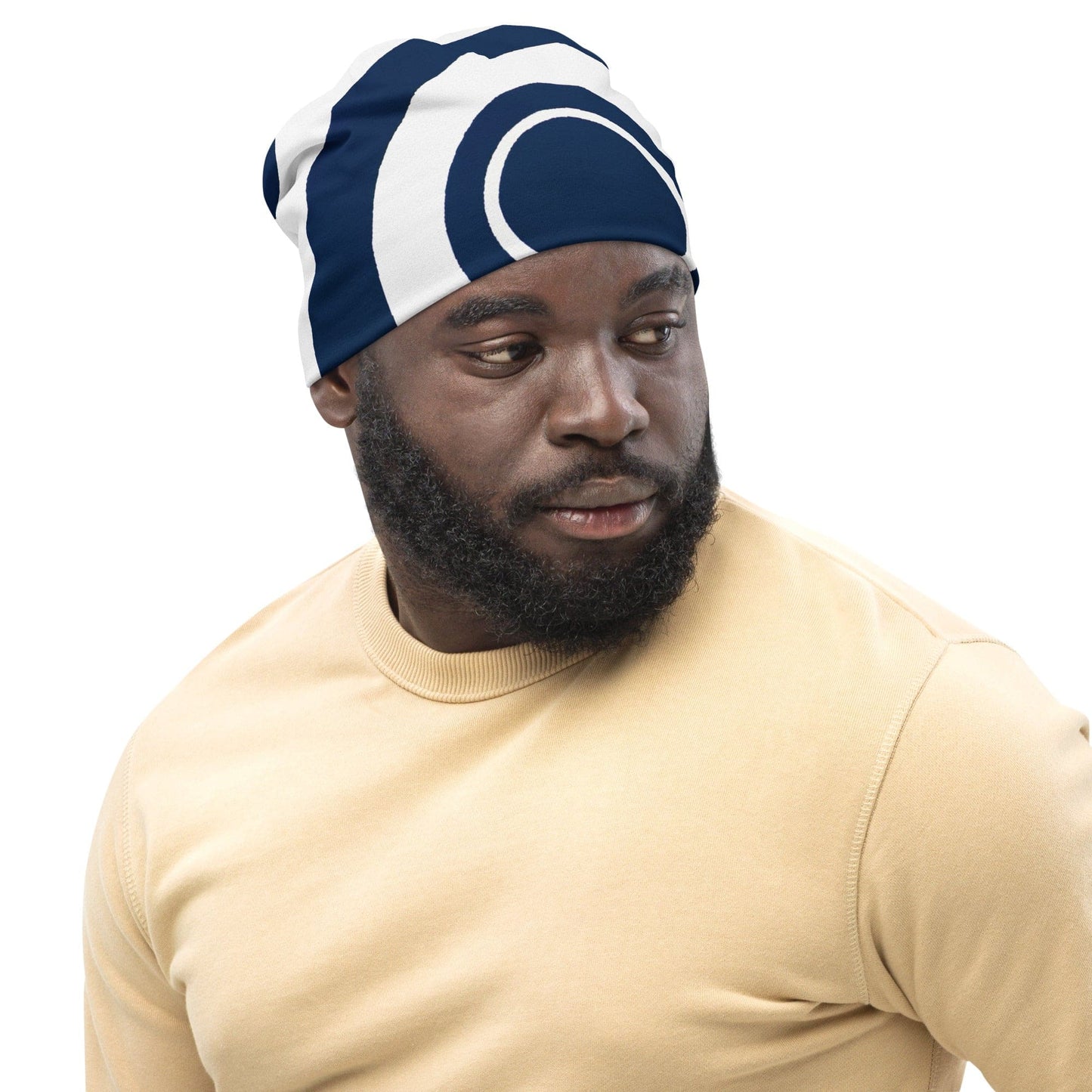 Double-layered Beanie Hat Navy Blue and White Circular Pattern-2