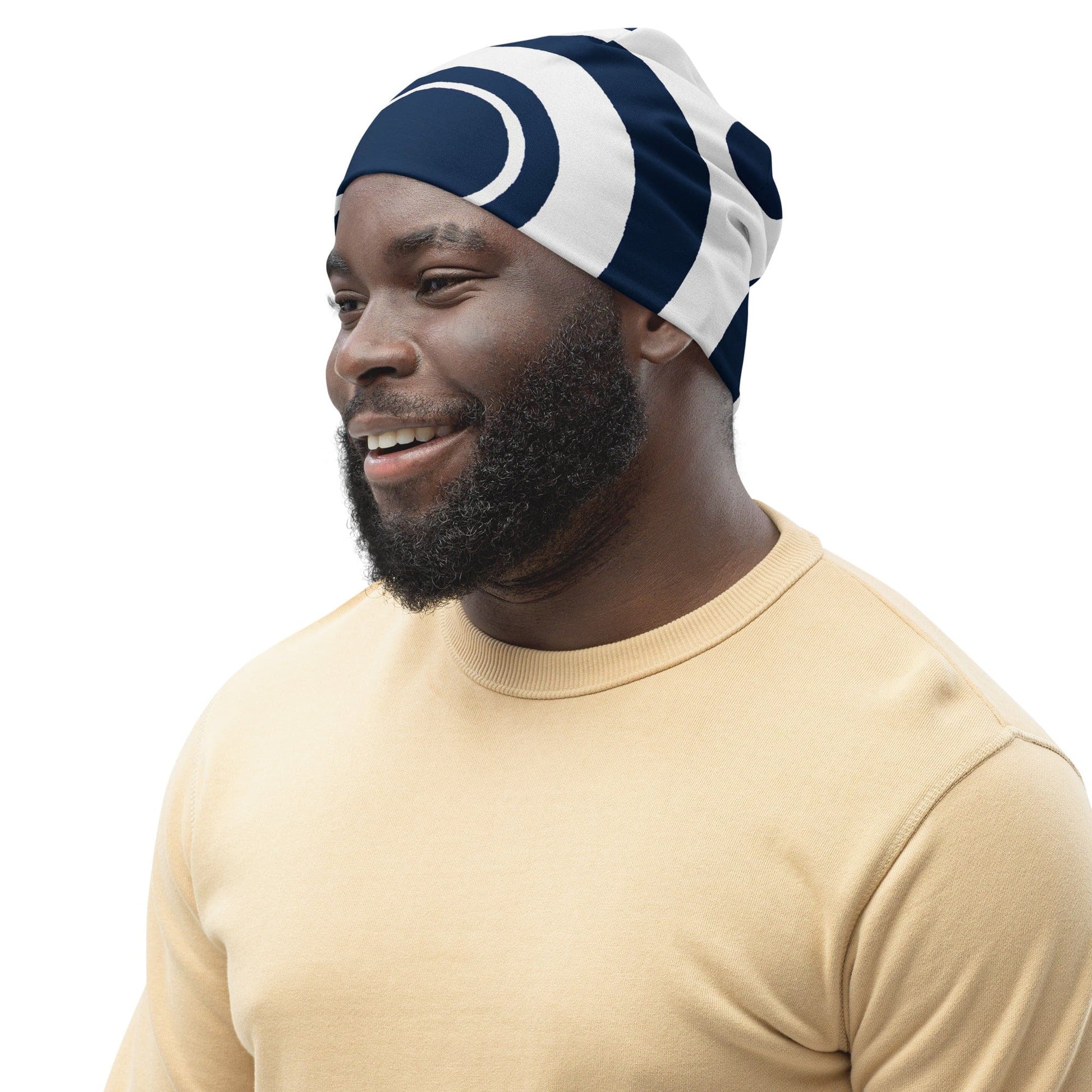 Double-layered Beanie Hat Navy Blue and White Circular Pattern-3
