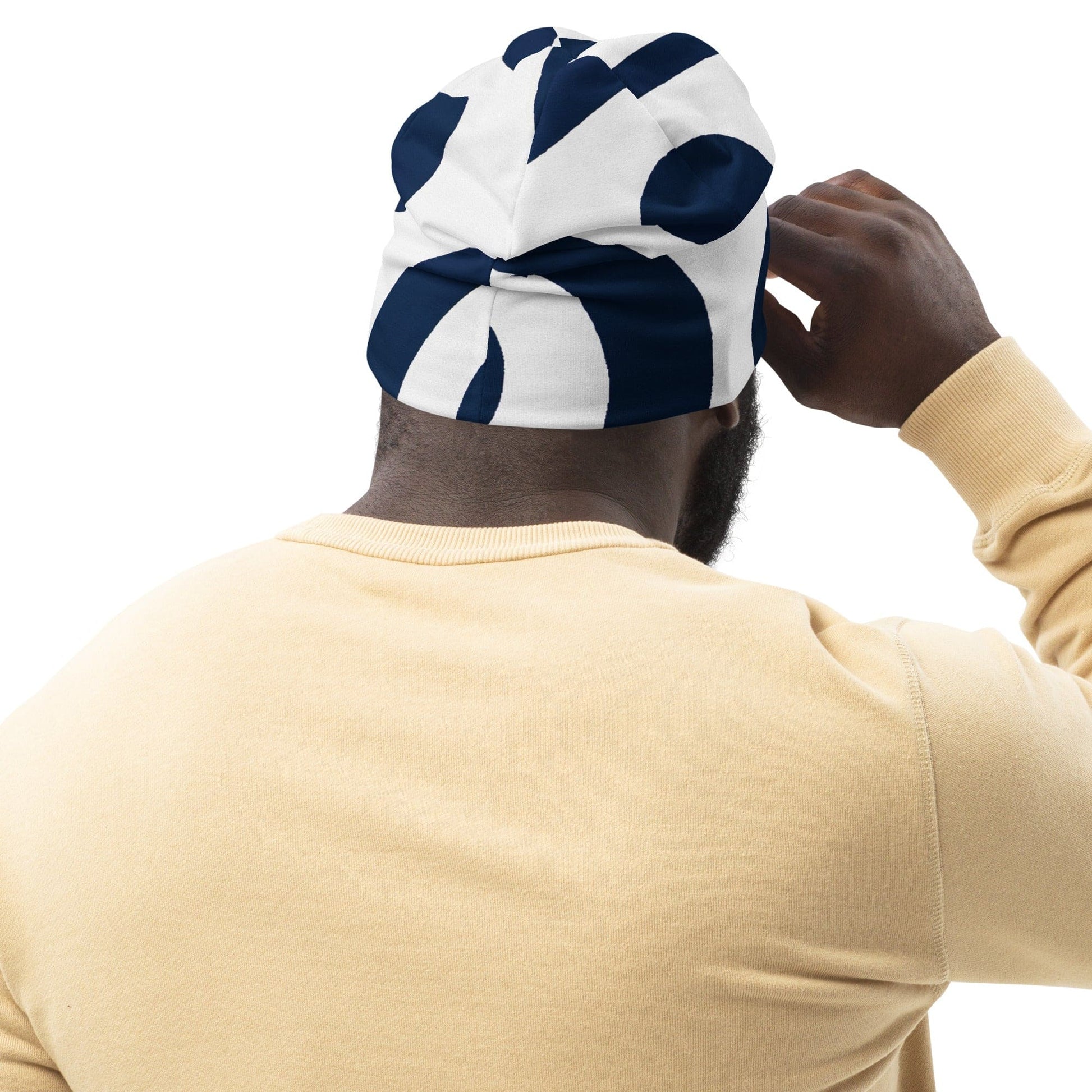 Double-layered Beanie Hat Navy Blue and White Circular Pattern-1