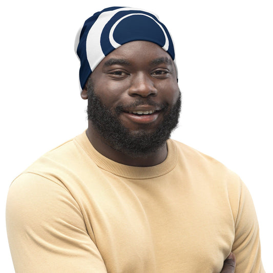 Double-layered Beanie Hat Navy Blue and White Circular Pattern-0