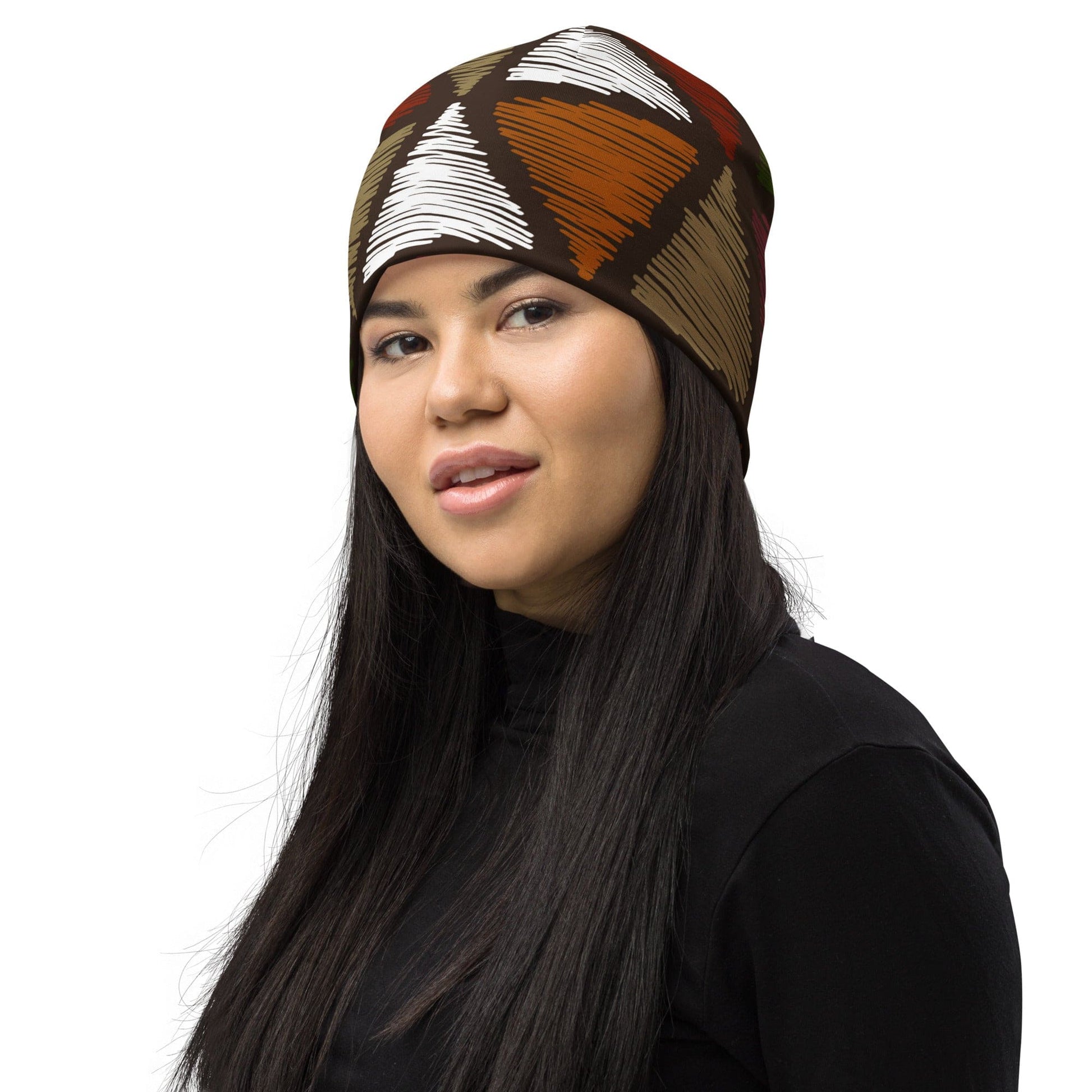 Double-layered Beanie Hat Red Green Geometric Lines-3
