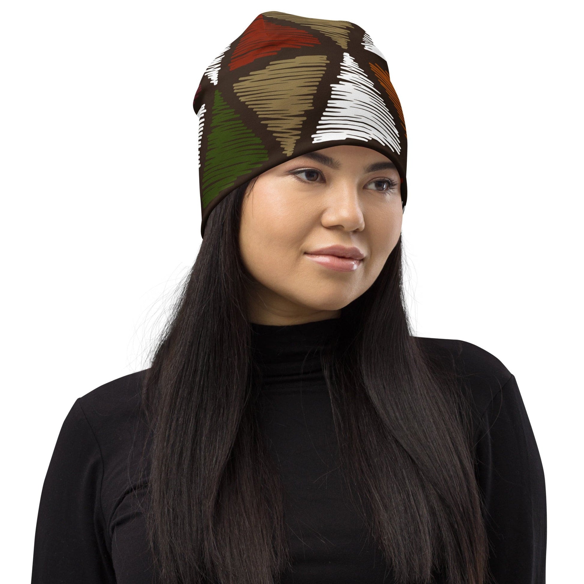 Double-layered Beanie Hat Red Green Geometric Lines-2