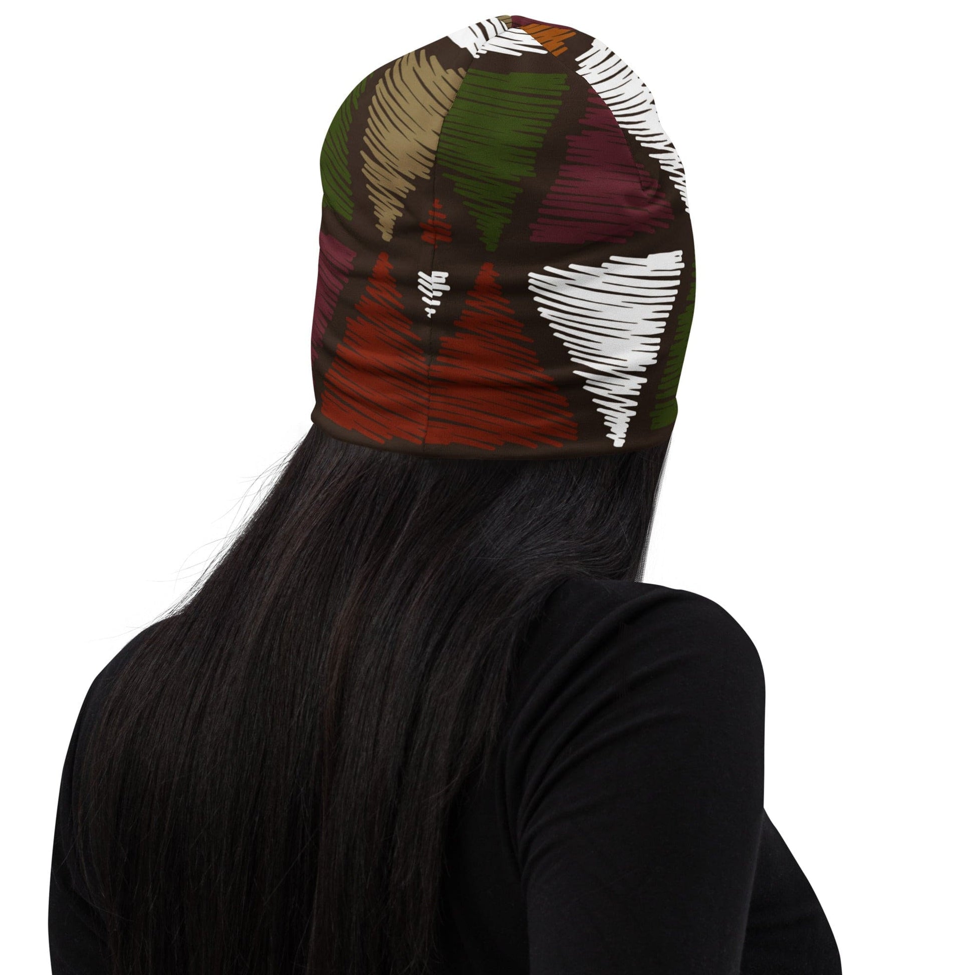 Double-layered Beanie Hat Red Green Geometric Lines-1