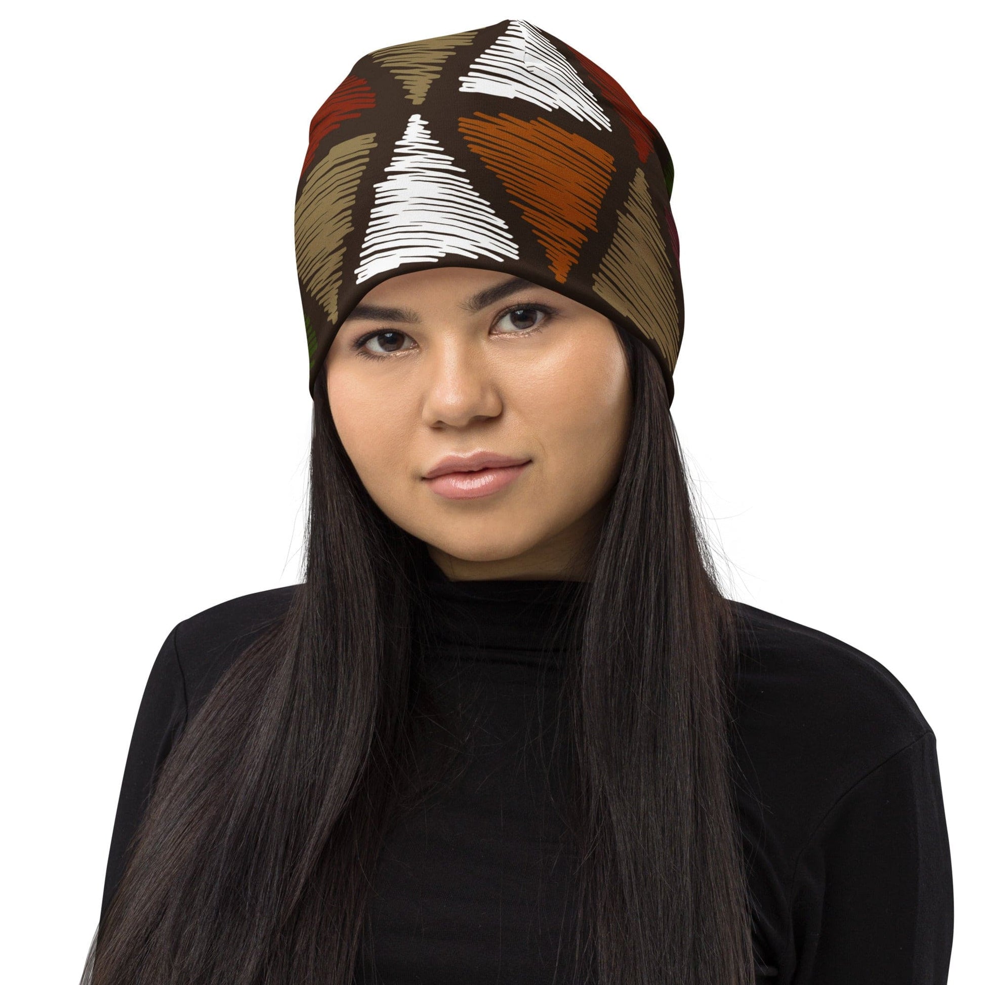 Double-layered Beanie Hat Red Green Geometric Lines-0