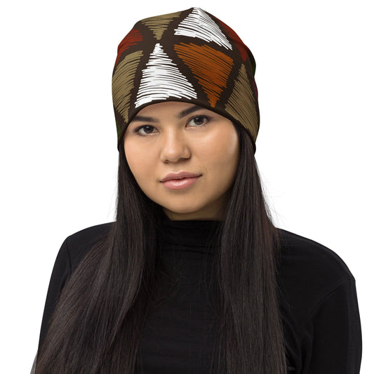Double-layered Beanie Hat Red Green Geometric Lines-0